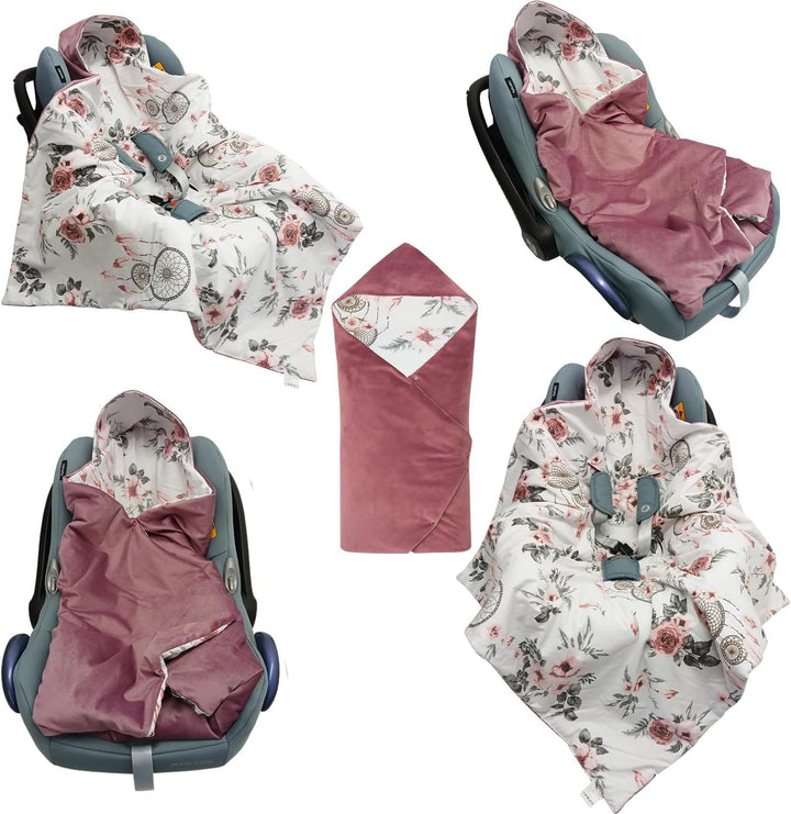 Baby Einschlagdecke Doppelseitig 86x86 cm Baumwolle-Velours für Kinderwagen und Babybett (Rosa Velou