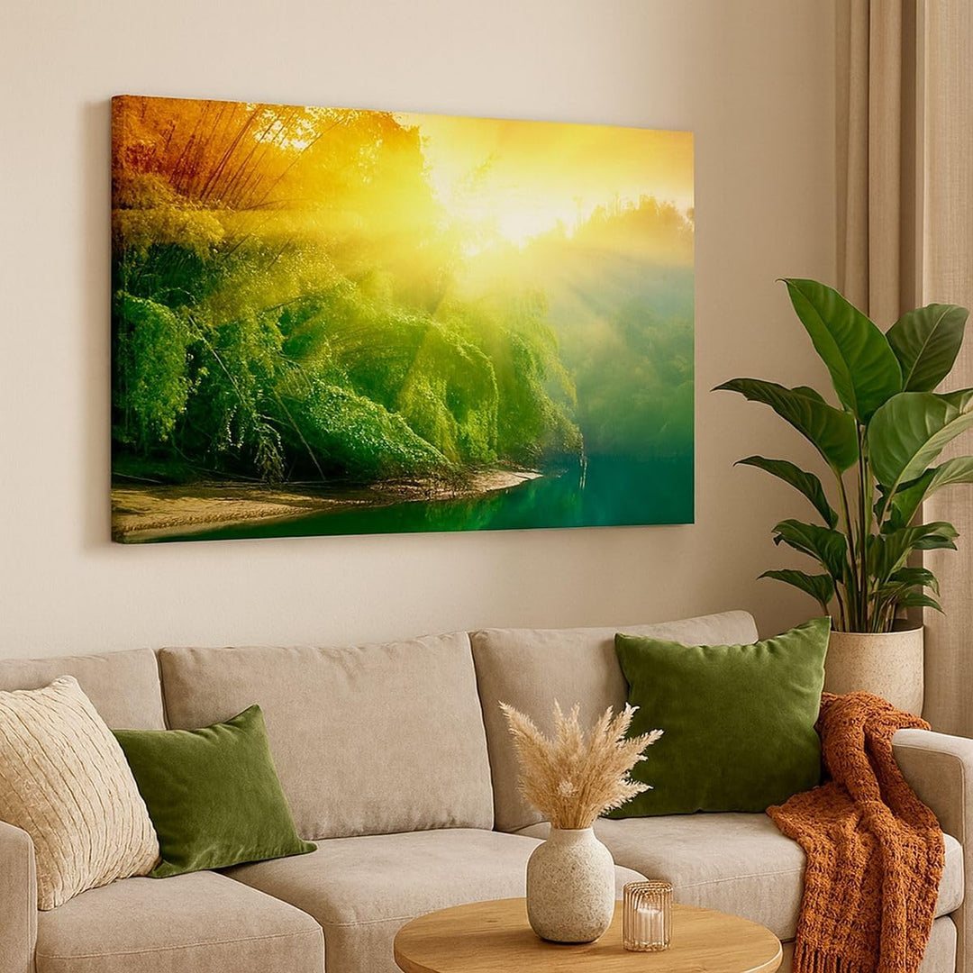 Bilder auf Leinwand 100x70cm Leinwandbild mit Rahmen Tropen Bäume Fluss Gross Wanddeko Bild Schlafzi