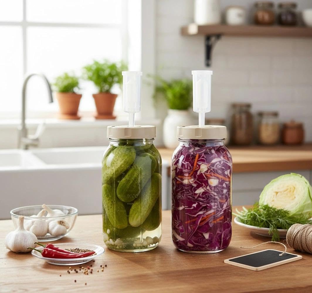 Fermentierglas,Kimchi-Behälter,2er-Pack Gärgläser (2L) mit Gärverschluss und Datumsanzeige,Für Sauer