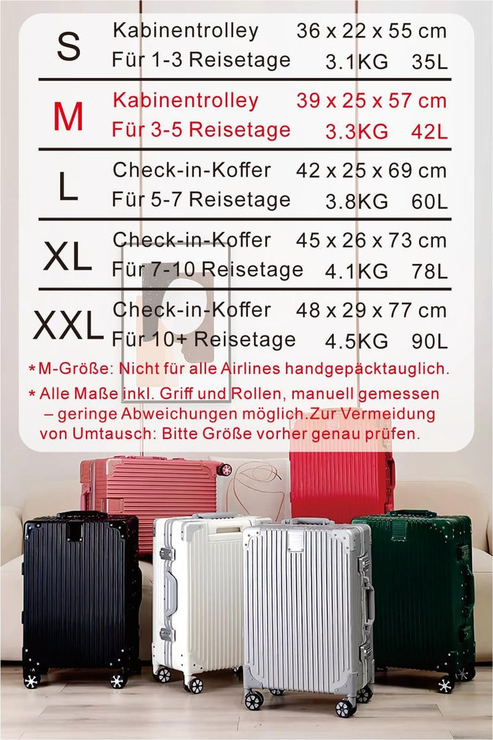 Aoliwei Aluminiumrahmen Koffer M (57cm) Handgepäck – Leichter 100% PC Hartschalen-Trolley in Metall-
