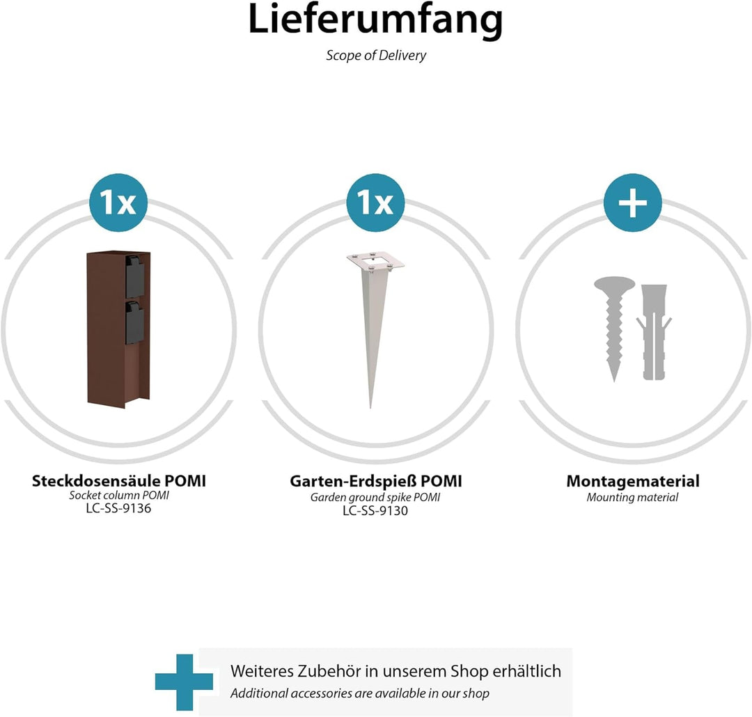 ledscom.de Garten-Steckdosen-Säule POMI mit Erdspiess für aussen, IP44, 2-Fach, braun, eckig, 23cm 1