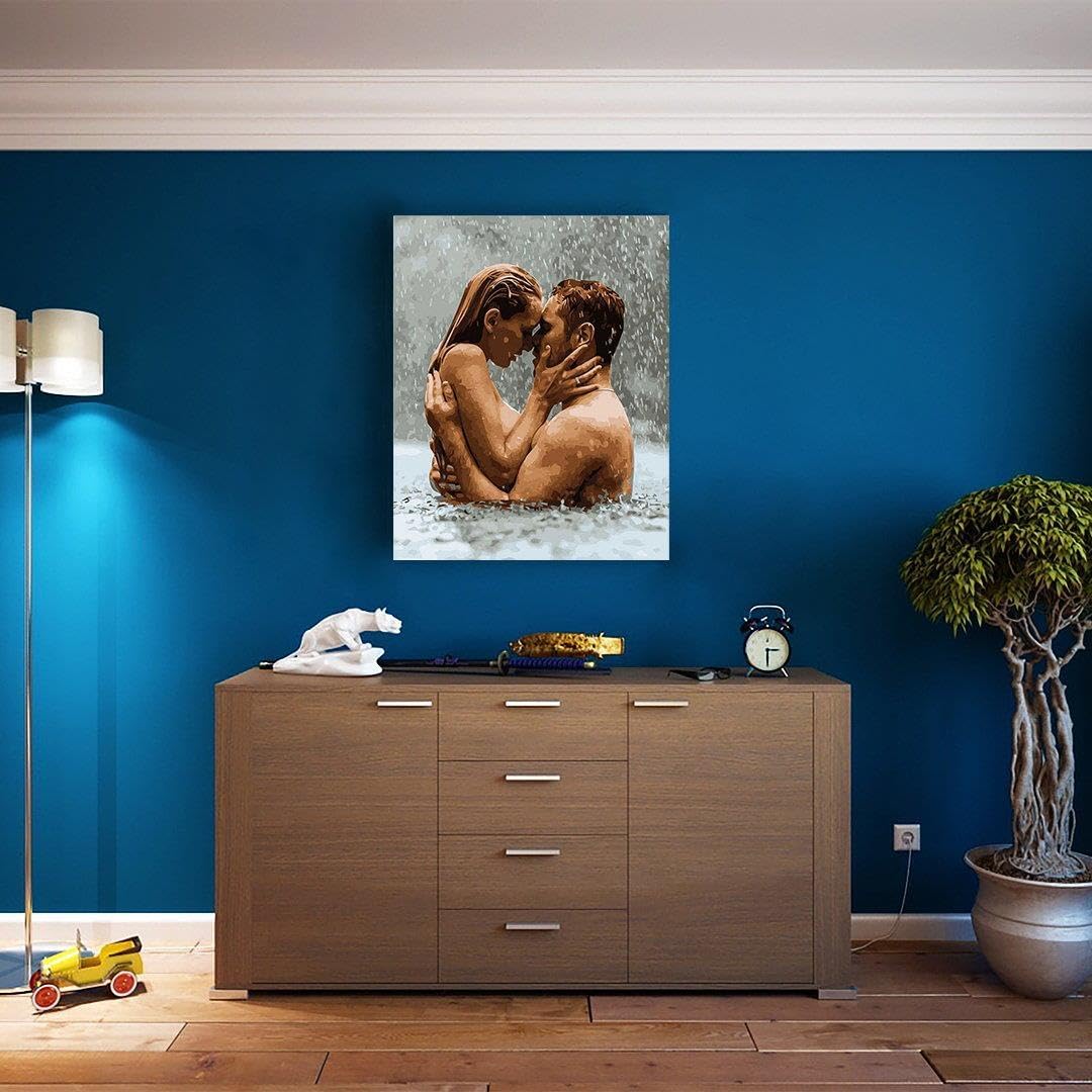 Artnapi Malen nach Zahlen Erwachsene mit Rahmen | DIY Handgemalt | Kuss im Regen | Kit für Anfänger