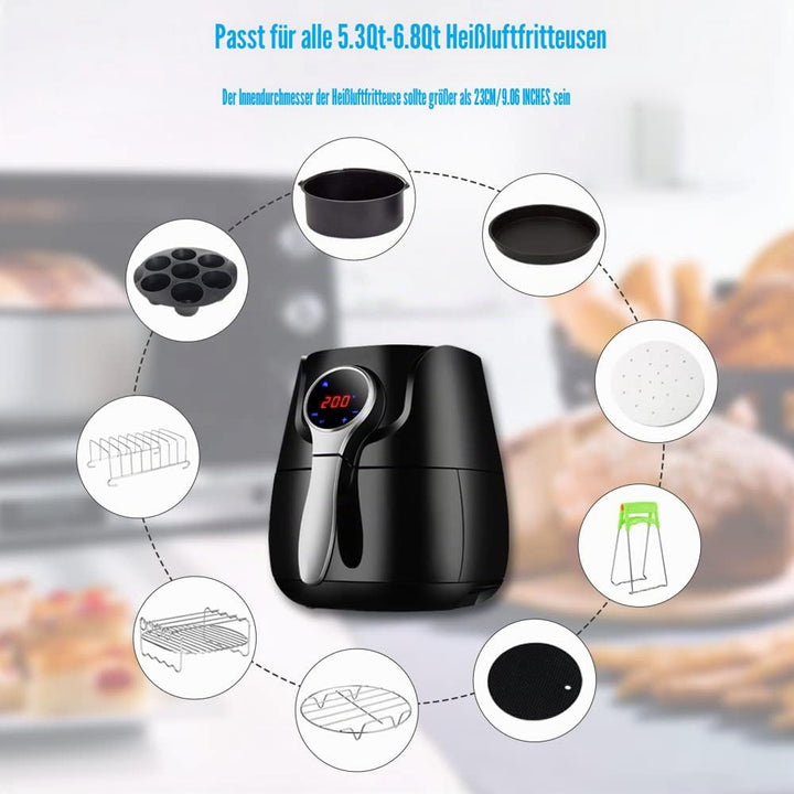 22CM Heissluftfritteuse Zubehör XL 7 Stück mit Cupcake-Pfanne, Pizzapfanne, Silikon-Backbecher, Reze