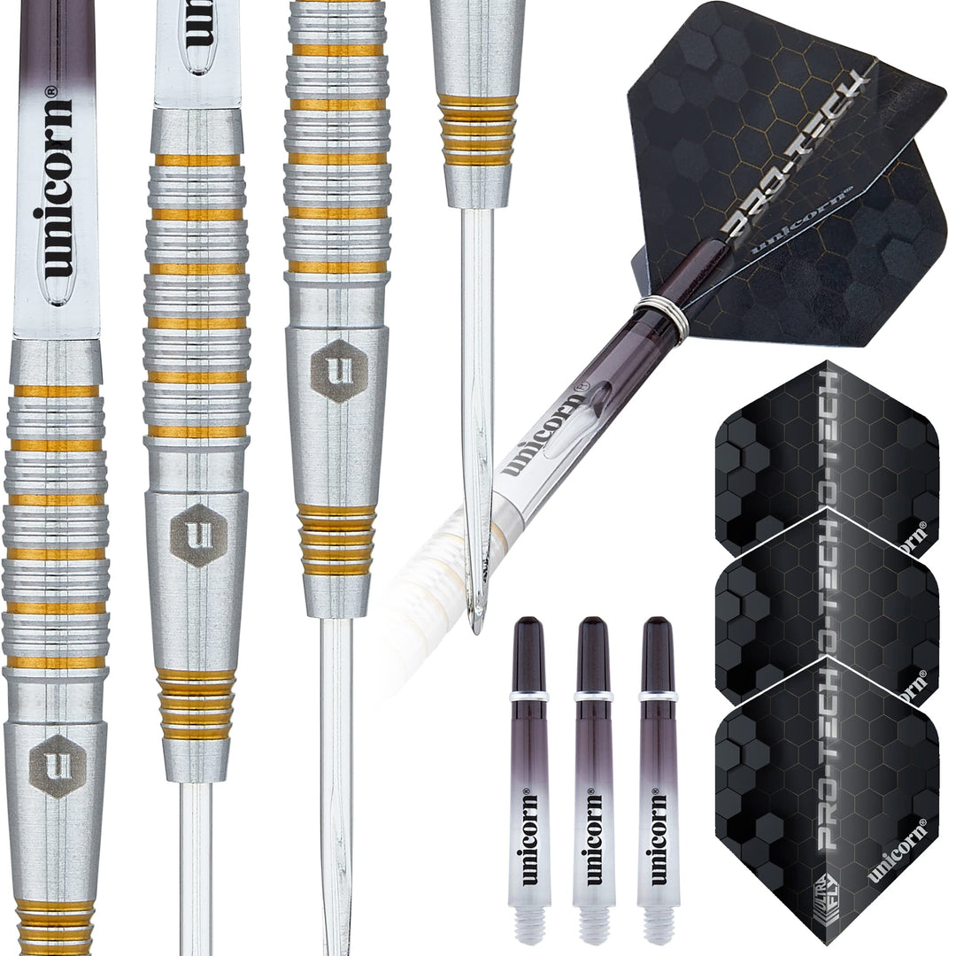 Unicorn Dartpfeile Set | Pro-Tech Style | 90% natürliche Wolfram Barrels mit goldenen Akzenten & Vol