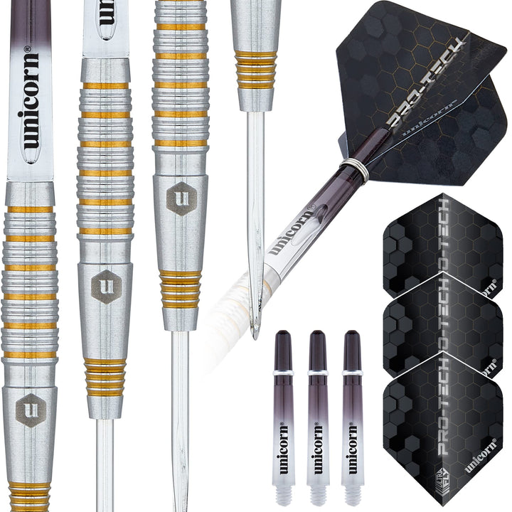 Unicorn Dartpfeile Set | Pro-Tech Style | 90% natürliche Wolfram Barrels mit goldenen Akzenten & Vol