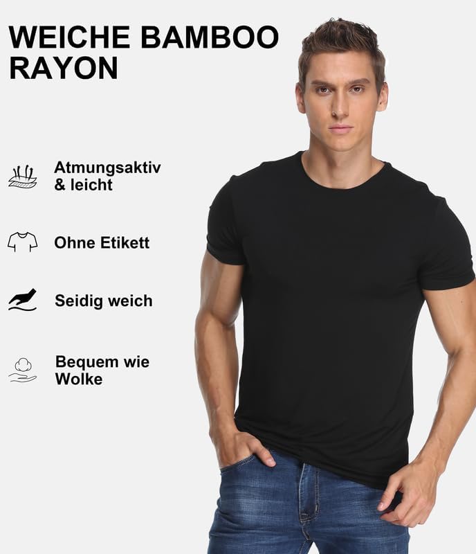 COLORFULLEAF 3/5er Pack Bambus Rundhals T-Shirt Herren Stretch Unterziehshirt Männer Einfarbig Busin