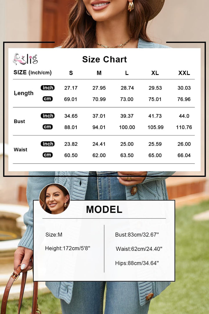 KILIG Strickjacke Damen Lang Grobstrick Button Down Strick Cardigan Winter Casual Sweater mit Tasche