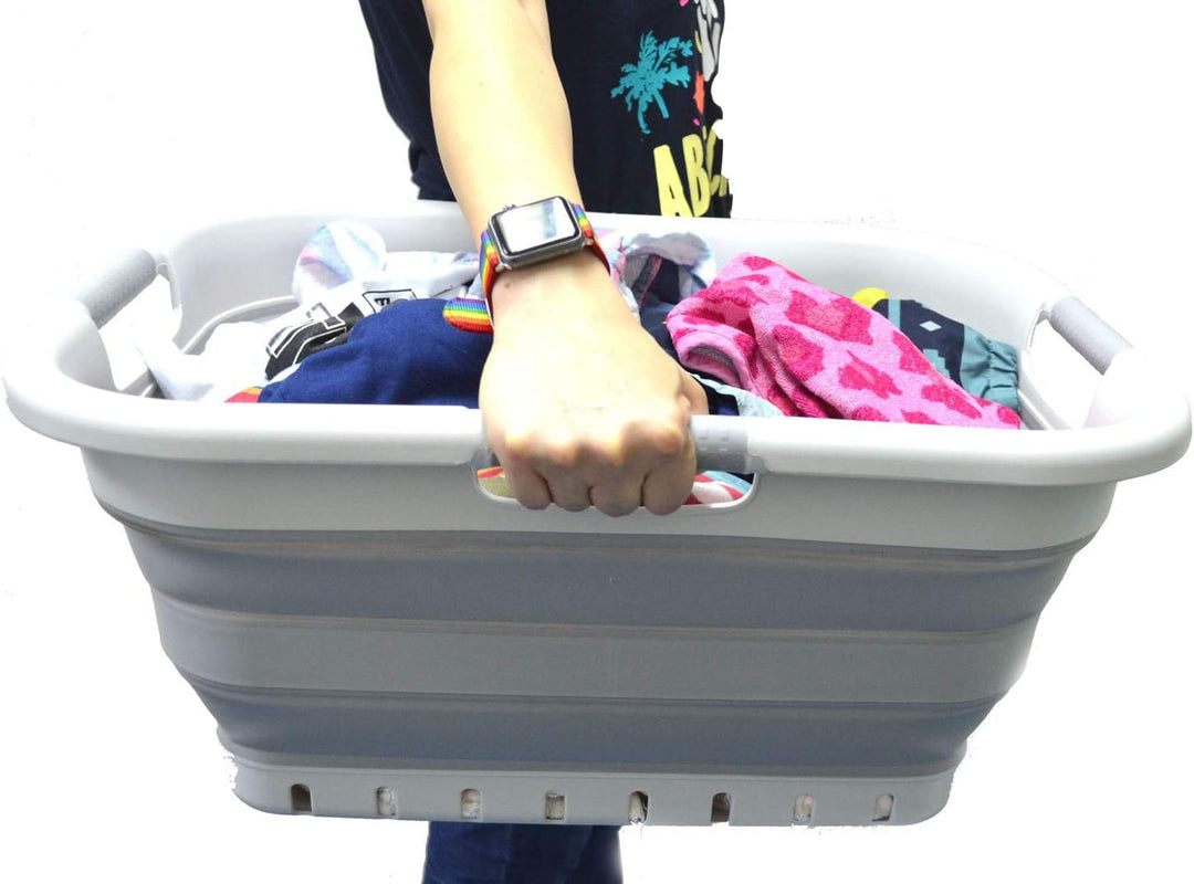 SAMMART 41L Set of 2 Collapsible 3 Handled Plastic Laundry Basket - Foldable Pop Up Storage Containe