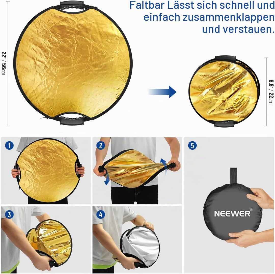 NEEWER 22"/56cm Lichtreflektor mit Handgriff mit 3/8" Gewinde, 5 in 1 Faltscheibe Lichtdiffusor Durc