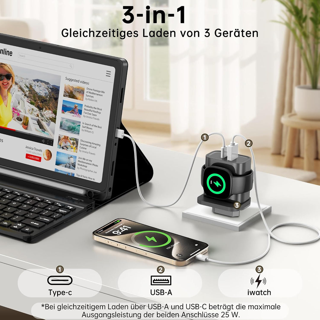 3-in-1-Ladegerät für Fitbit Sense/Sense 2 /Versa 4/3/Ace LTE,PD25W USB-C | Schnellladung Dual Port W