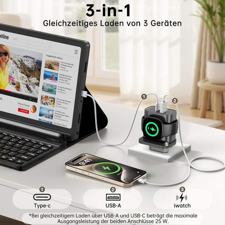 3-in-1-Ladegerät für Fitbit Sense/Sense 2 /Versa 4/3/Ace LTE,PD25W USB-C | Schnellladung Dual Port W