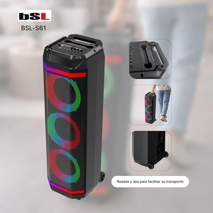 Bluetooth-Lautsprecher BSL-S61 mit Beleuchtung an den Lautsprechern | 3 Lautsprecher mit 8 Zoll | 50