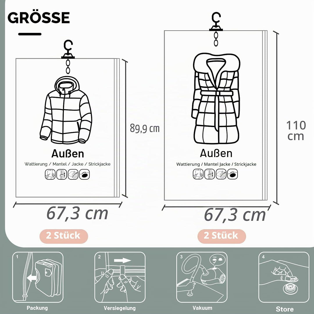 6 Stück Hängende Vakuumbeutel für Kleidung – 3x 67x90 cm + 3x 67x110 cm – Extra Dickes PA+PE Materia