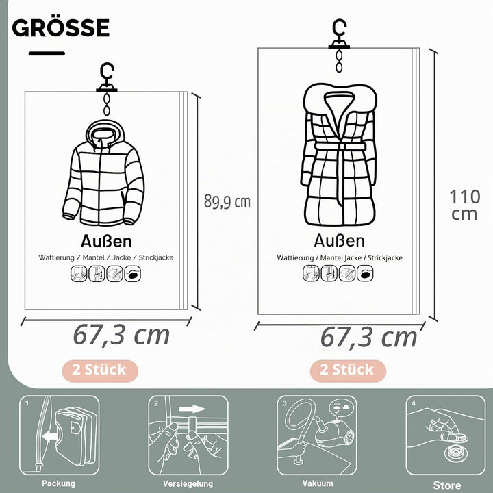 6 Stück Hängende Vakuumbeutel für Kleidung – 3x 67x90 cm + 3x 67x110 cm – Extra Dickes PA+PE Materia