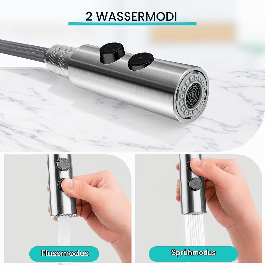 Wasserhahn Küche mit Brause 2 Modi, Armatur Hochdruck Küchenarmatur Schwarz, 360° Schwenkbar Spültis