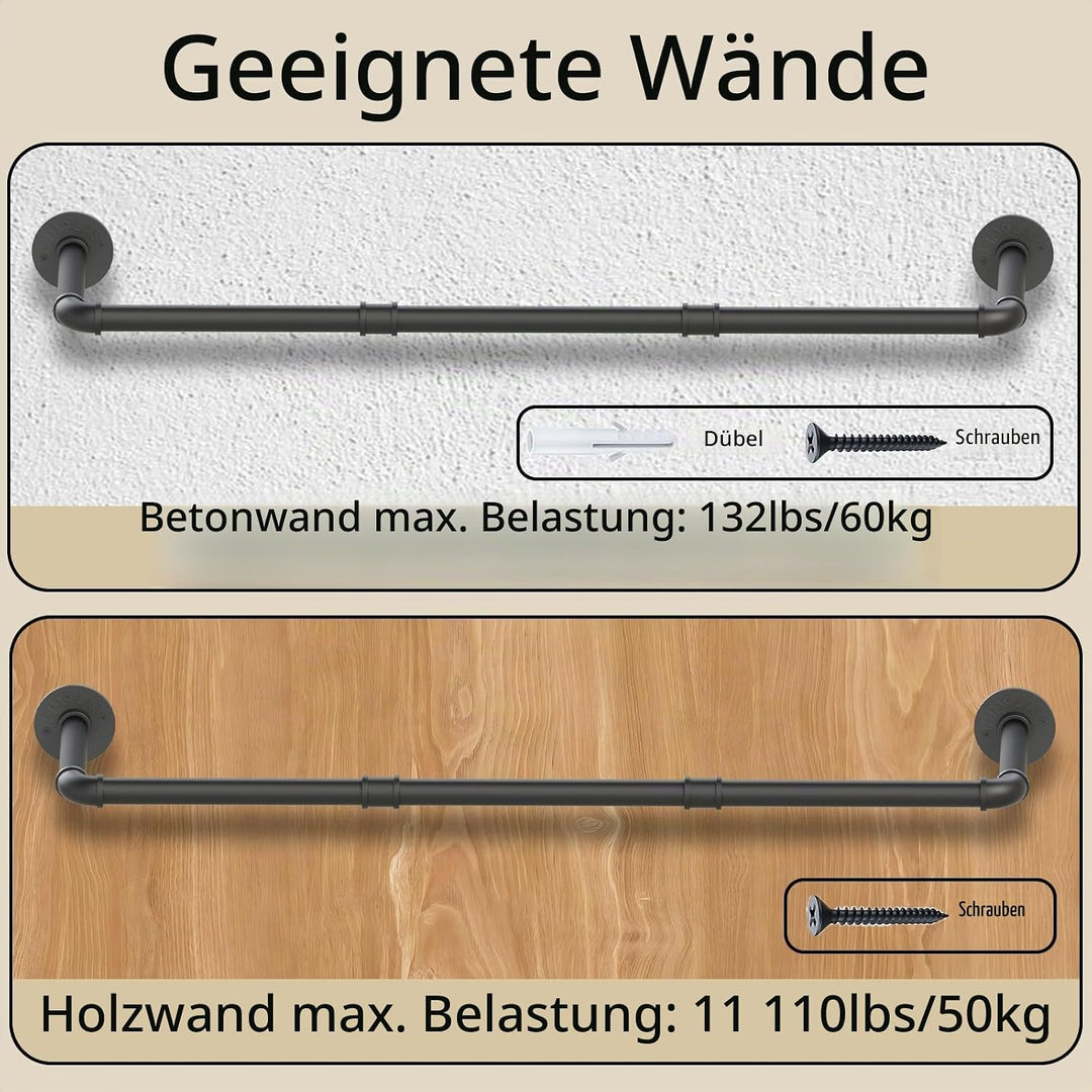 100cm Kleiderstange Industrial, Kleiderständer Wandmontage, Offener Kleiderschrank, Kleiderstangen f