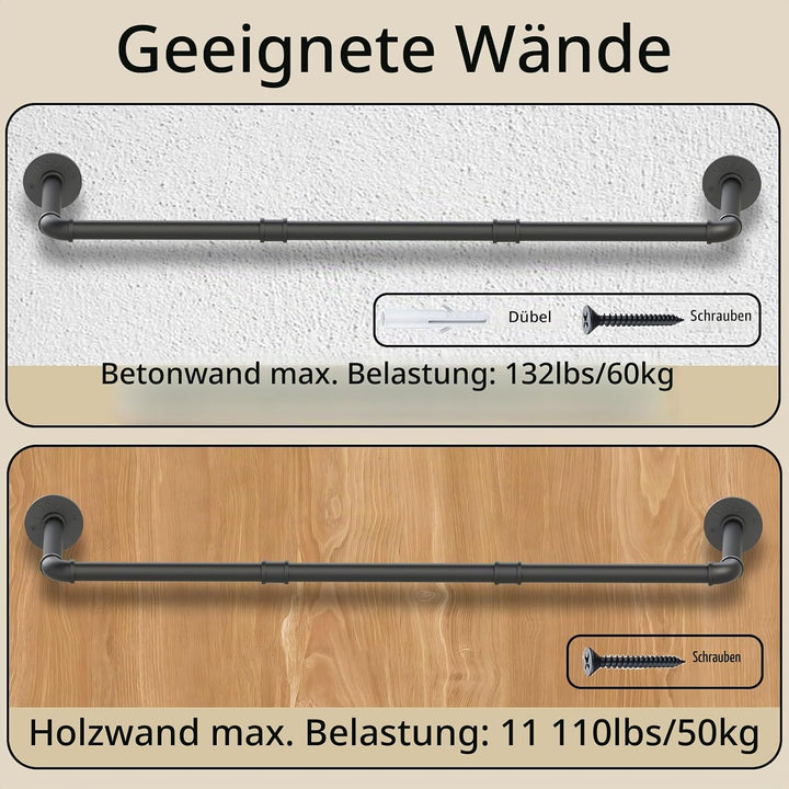 100cm Kleiderstange Industrial, Kleiderständer Wandmontage, Offener Kleiderschrank, Kleiderstangen f