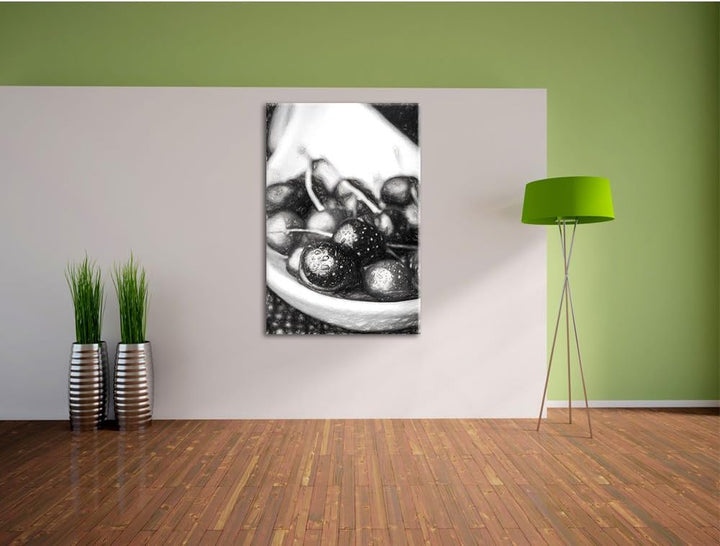 Pixxprint Frische Kirschen in Schlüssel Kohle Zeichnung Effekt, Format: 100x70 auf Leinwand, XXL rie