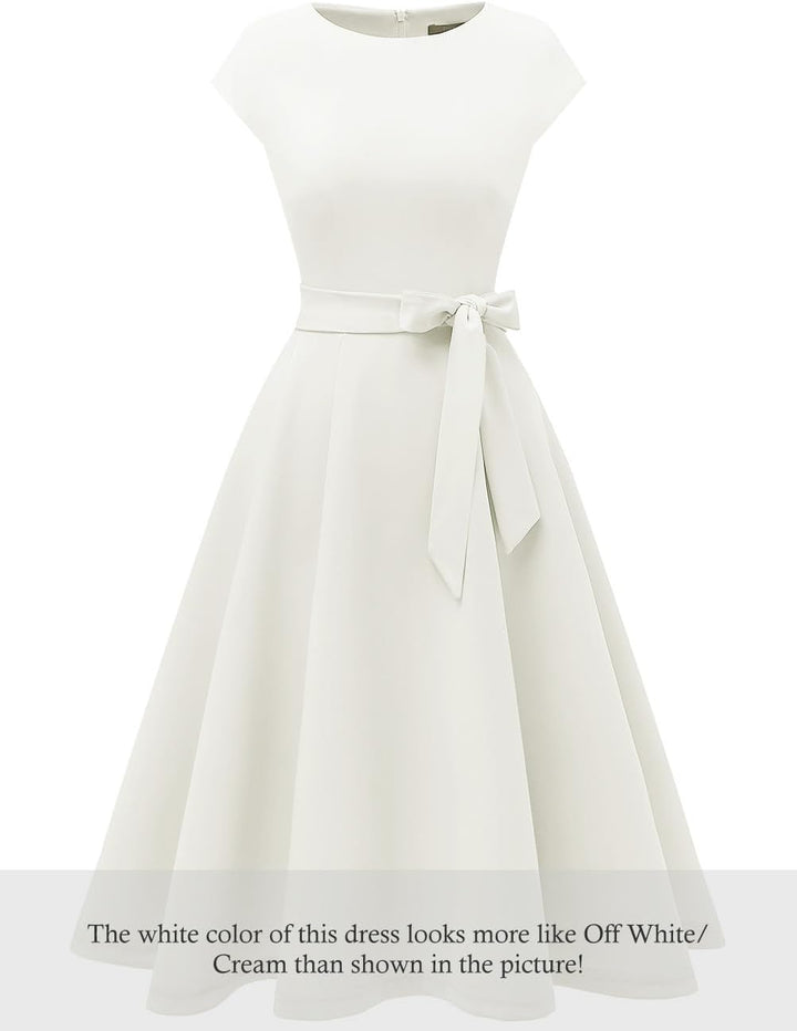 DRESSTELLS Damen Vintage Retro 1950er Cocktaikleid A-Line Swing Festlich Midilang Kleid Weiss L, Wei