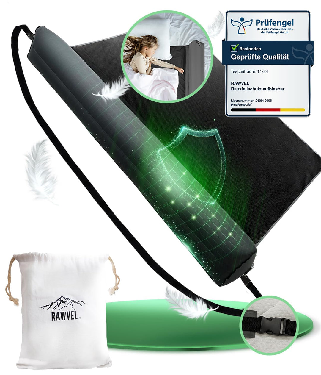 RAWVEL® Rausfallschutz aufblasbar Premium - [NEU 2024] - passend für alle Betten Zuhause & auf Reise
