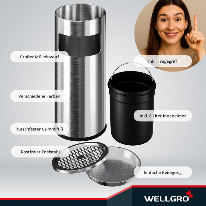 WELLGRO 2 in 1 Standaschenbecher & Mülleimer - Edelstahl, 24,5 x 60 cm (ØxH) - Farbe wählbar, Farbe: