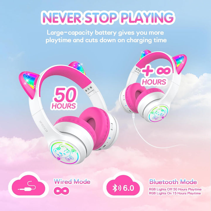 IFECCO Bluetooth Kopfhörer Kinder kabellos mit Aufbewahrungstasche, Kinderkopfhörer Over-Ear mit LED