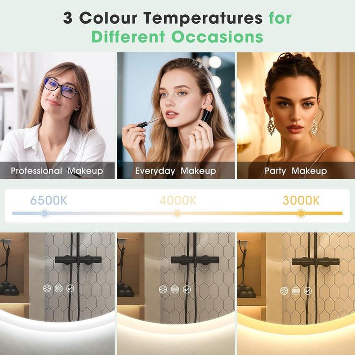 S'bagno Runder-Badspiegel-mit-Beleuchtung-90cm, Badezimmerspiegel-mit-Beleuchtung-und-Bluetooth, Ent