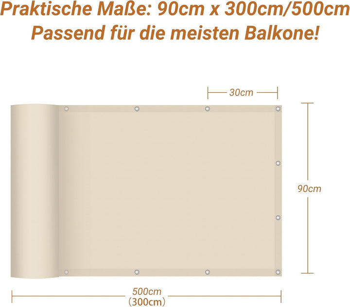 Balkon Sichtschutz 90x500cm, Blickdicht &amp; wetterfest – Balkonabdeckung und Windschutz mit Ösen und K