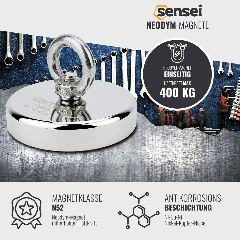 SENSEI Magnet 400 kg, Neodym-Magnet N52 mit Öse oben, Ø9 x H1,8 cm, sehr starker Neodym-Ösenmagnet f