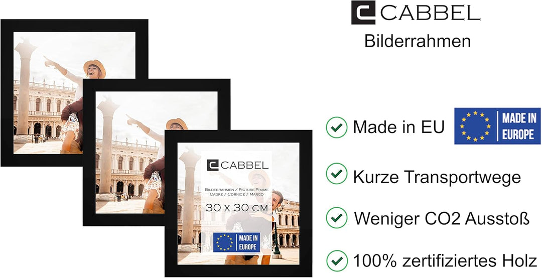 CABBEL Dreierpack (3 Stk.) Bilderrahmen 30x30 cm MDF Holz-Rahmen in Schwarz | mit bruchsicherem Plex