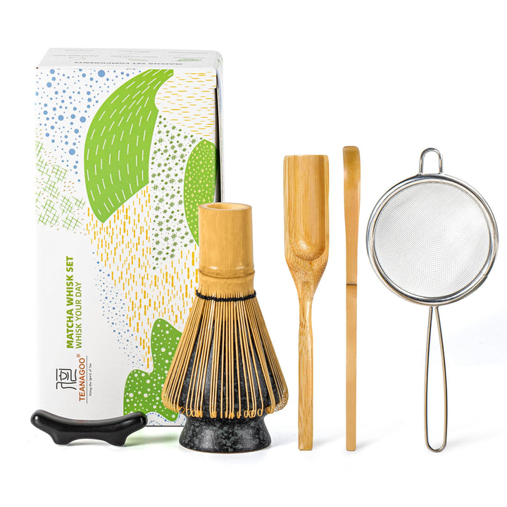 TEANAGOO Matcha Schneebesen Set, Bambus Matcha Schneebesen (100 Zinken) mit Halter, 6-PCS Traditione