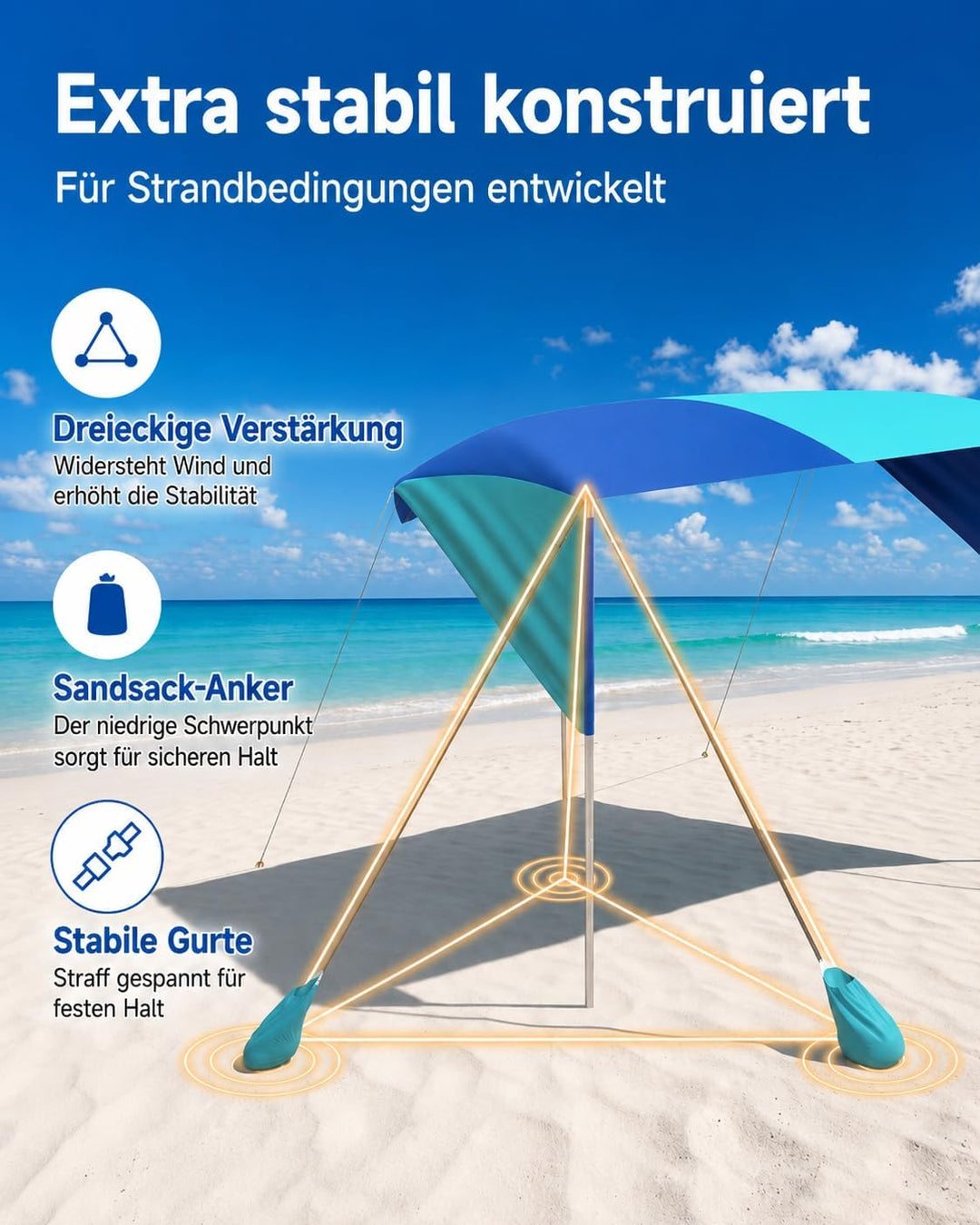 Strand-Sonnensegel 3 x 3 m, windfest, UPF 50+, für 4–6 Personen | 9,3 m² Schattenfläche mit Stangen