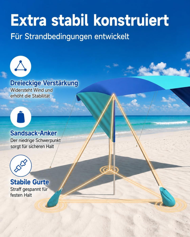 Strand-Sonnensegel 3 x 3 m, windfest, UPF 50+, für 4–6 Personen | 9,3 m² Schattenfläche mit Stangen