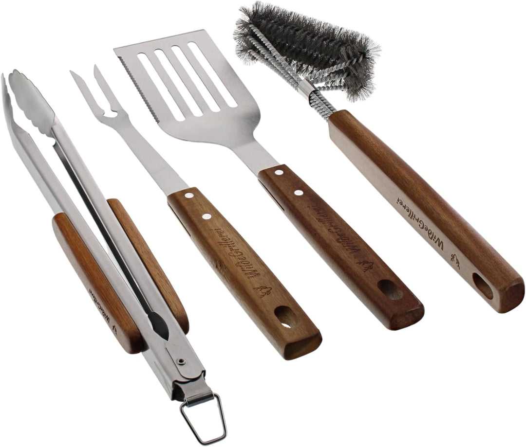 Grillbesteck Set 4-teilig aus Edelstahl Grill-Set 42 cm mit Holzgriffen und Aufhänge-Ösen Grillzubeh
