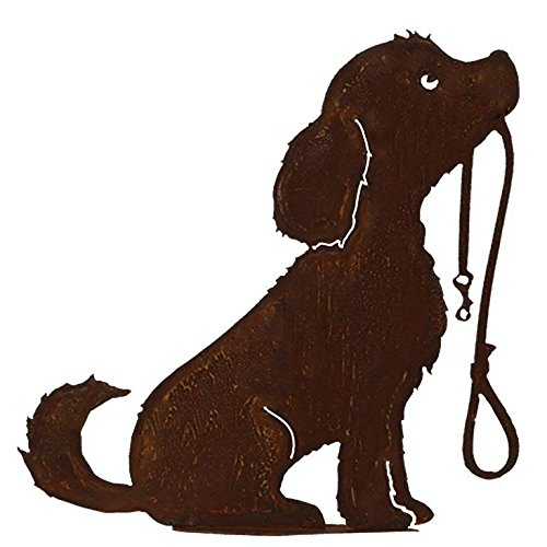 Dekoration Gartenfigur - Hundedeko: Hund mit Leine auf Bodenplatte - Höhe 50cm - Edelrost Gartendeko