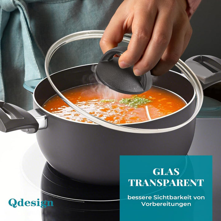 QDESIGN BLACK+ 2er-Set PFOA-freie, antihaftbeschichtete Aluminium-Kasserollen + 2 Glasdeckel – für a