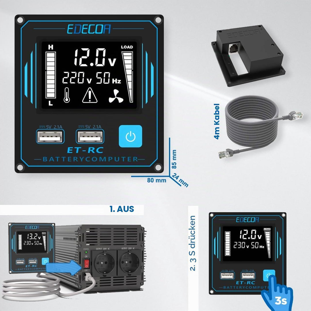 EDECOA Wechselrichter 2000w 12v 230v Spannungswandler mit Neuer Fernbedienung 2X USB und Bildschirm