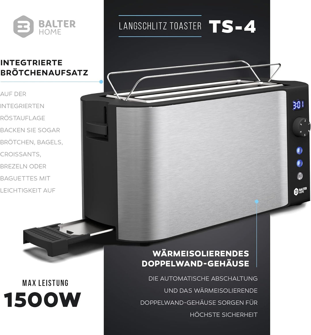 Balter Toaster 4 Scheiben, Langschlitz, Edelstahl, Brötchenaufsatz, LCD Display mit Restzeitanzeige,