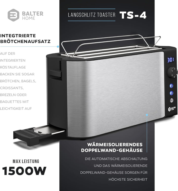 Balter Toaster 4 Scheiben, Langschlitz, Edelstahl, Brötchenaufsatz, LCD Display mit Restzeitanzeige,
