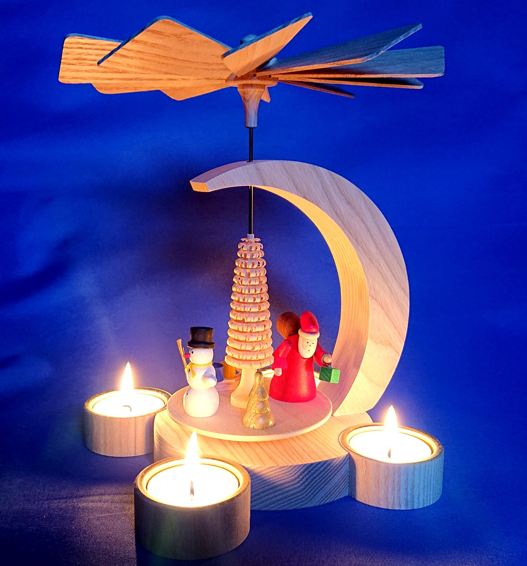Kunststube Marienberg - Teelicht Pyramide 23cm modern -Weihnachtsmotiv mit Weihnachtsmann & Schneema