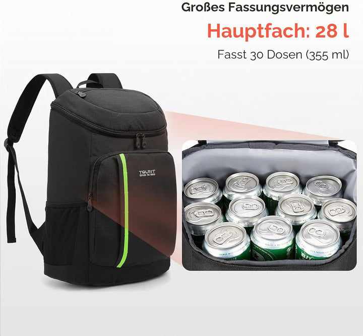 TOURIT 28L Kühler Rucksack Leichter Rucksack mit Flaschenöffner Hält 30 Dosen Schwarz