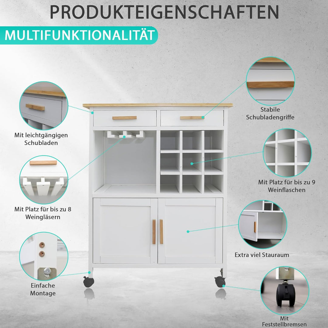 DRULINE Servierwagen Beistellwagen 40x75x92,5 cm, Multifunktionaler Küchentrolley mit Extra viel Sta