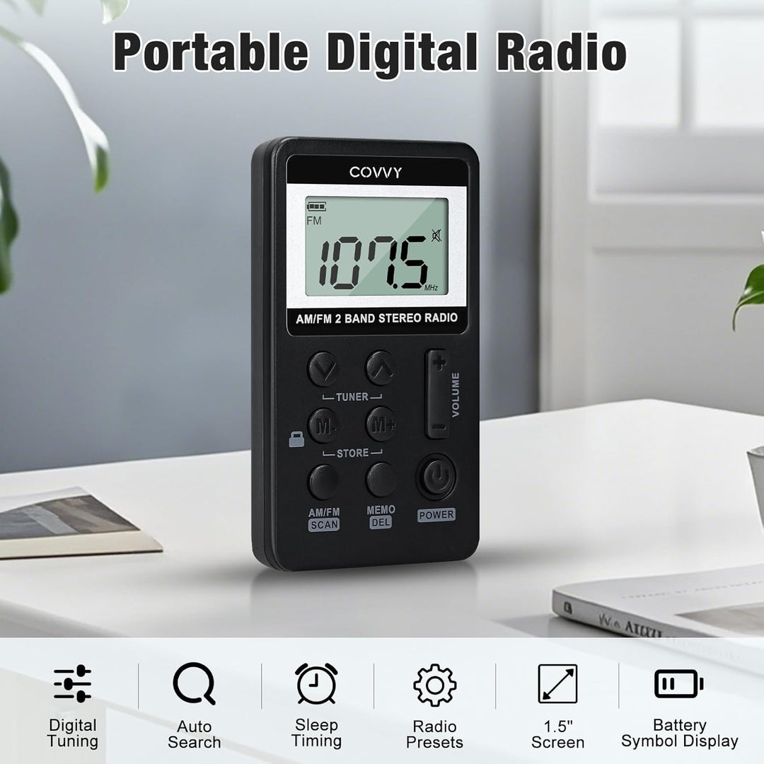 AM/FM Tragbares Radio,Covvy Digitales Pocket Mini Radio mit 500mAh 3.7V Wiederaufladbarer Akku und K