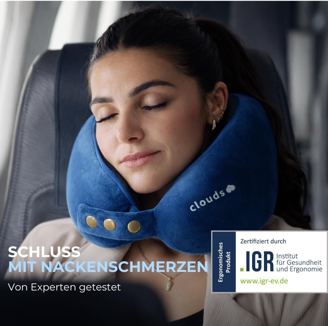 CLOUDS Nackenkissen Flugzeug & Auto – Einstellbares Memory Foam Reisekissen in 2 Grössen für Erwachs