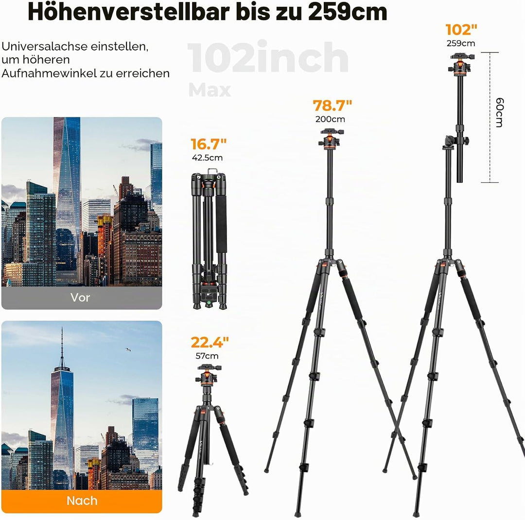 Victiv 259cm/ 102" Kamera Stativ, Multifunktionales Kamerastativ mit 360°-Horizontal-Drehachse & Pan
