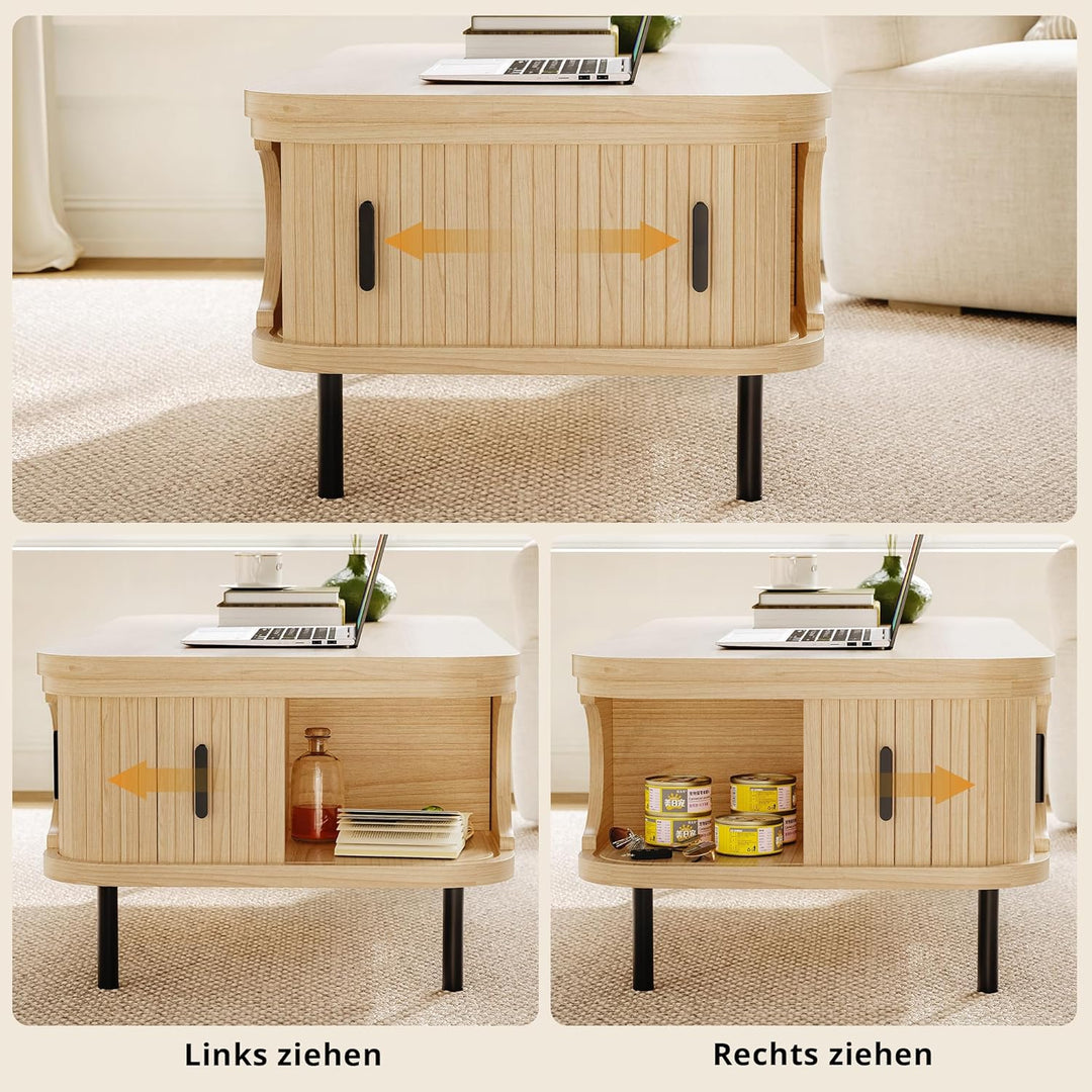 IRONCK Couchtisch höhenverstellbar, Wohnzimmertisch mit Stauraum, Holz Kaffeetisch mit Schiebetüren,