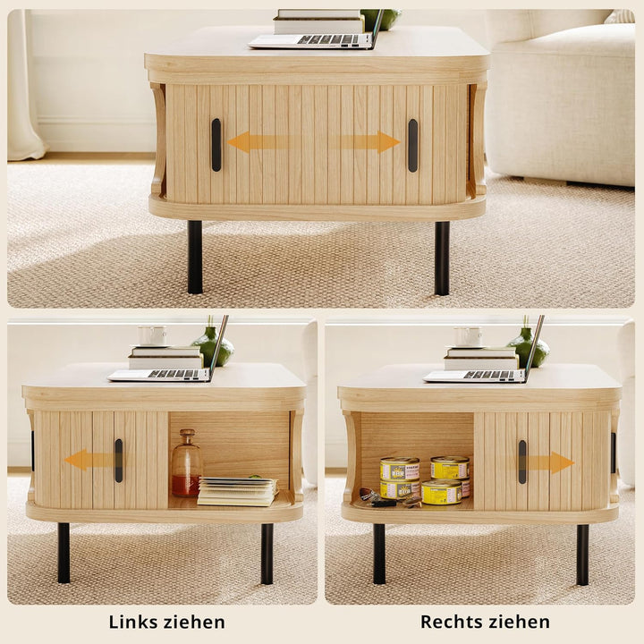 IRONCK Couchtisch höhenverstellbar, Wohnzimmertisch mit Stauraum, Holz Kaffeetisch mit Schiebetüren,