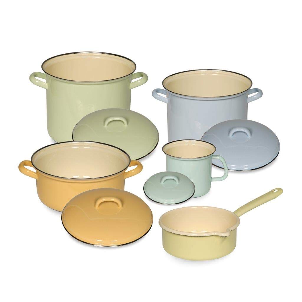 Riess, 0547-006, Emaille-Set 5tlg, BUNT/Pastell, 2 Töpfe mit Chromrand 18, 22 cm mit Deckel, 1 Kasse