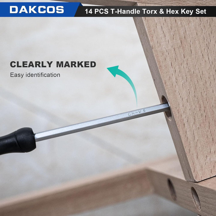 DAKCOS 14 tlg Torx Schlüssel Sechskantschlüssel Set mit T-Griff Innensechskant-Stiftschlüssel Torx-S