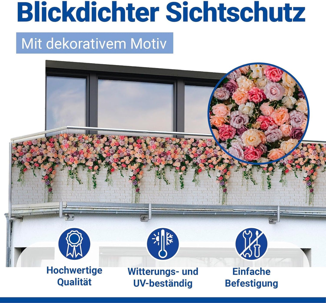 Maximex Balkon-Sichtschutz, praktischer Sichtschutz mit Rosen-Motiv und hoher UV- und Witterungsbest
